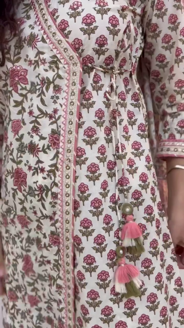 Elegant Handblock Floral Printed Cotton Anarkali Suit Set with Gota Detailing, Tassel Accents, Pleated Pants and Soft Cotton Dupatta – Perfect for Festive, Casual, or Daytime Traditional Wear - Image 3