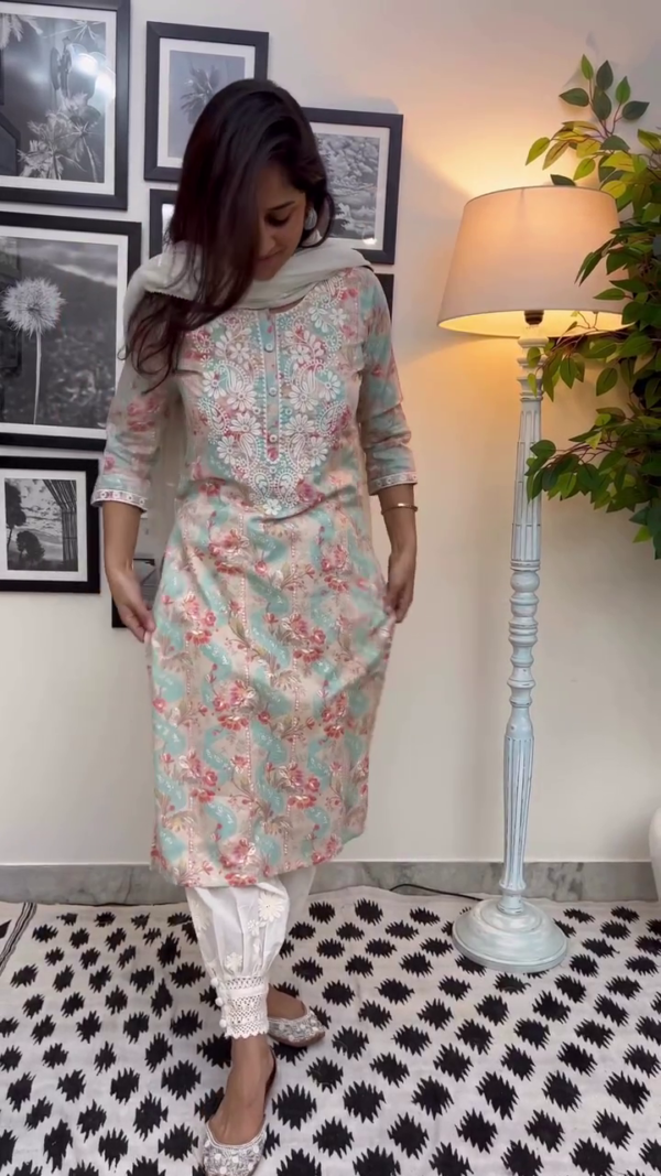 Elegant Pastel Floral Embroidered Lawn Kurta with Intricate White Lace Detailing, Paired with Delicately Embroidered Trousers and Soft Dupatta – Perfect for Summer Daywear or Festive Gatherings