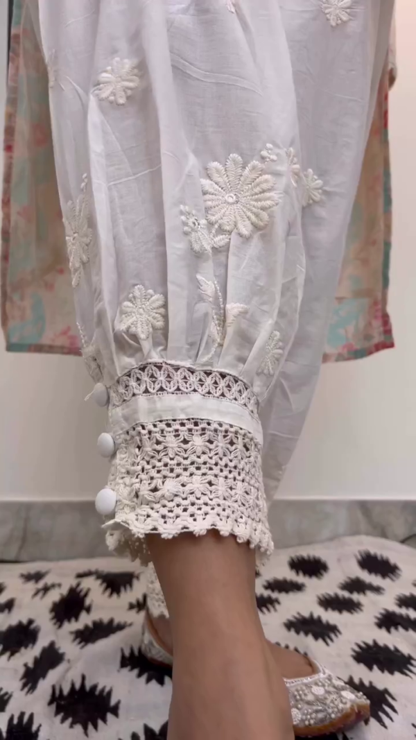 Elegant Pastel Floral Embroidered Lawn Kurta with Intricate White Lace Detailing, Paired with Delicately Embroidered Trousers and Soft Dupatta – Perfect for Summer Daywear or Festive Gatherings - Image 2