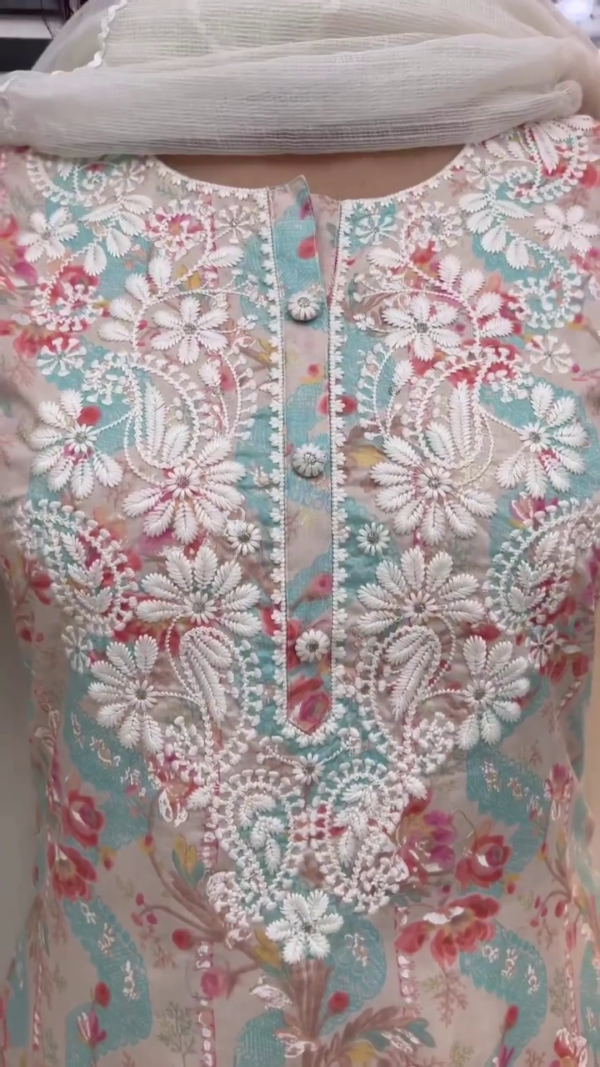 Elegant Pastel Floral Embroidered Lawn Kurta with Intricate White Lace Detailing, Paired with Delicately Embroidered Trousers and Soft Dupatta – Perfect for Summer Daywear or Festive Gatherings - Image 3
