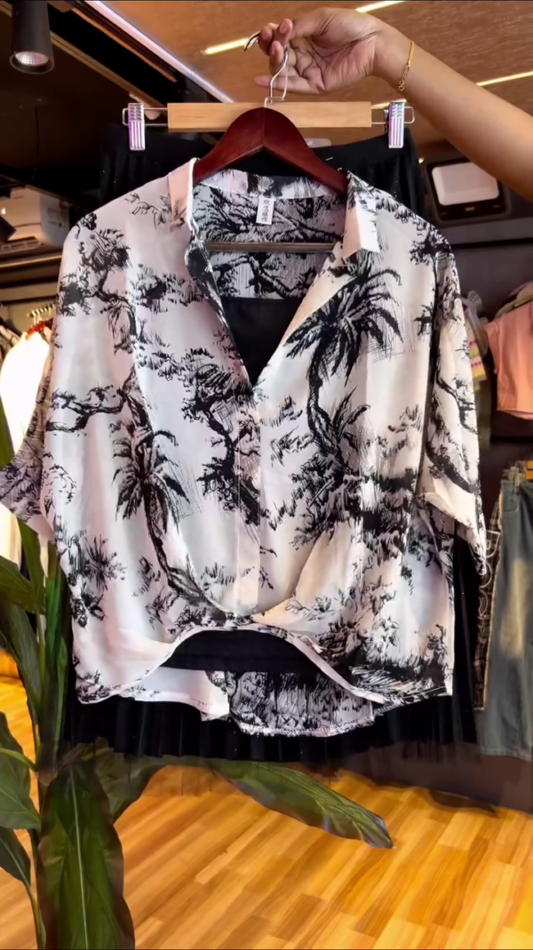 Tropical Print Satin Shirt with Front Knot Paired with Sparkling Black Pleated Mesh Midi Skirt – Stylish Co-Ord Set for Casual to Semi-Formal Outings