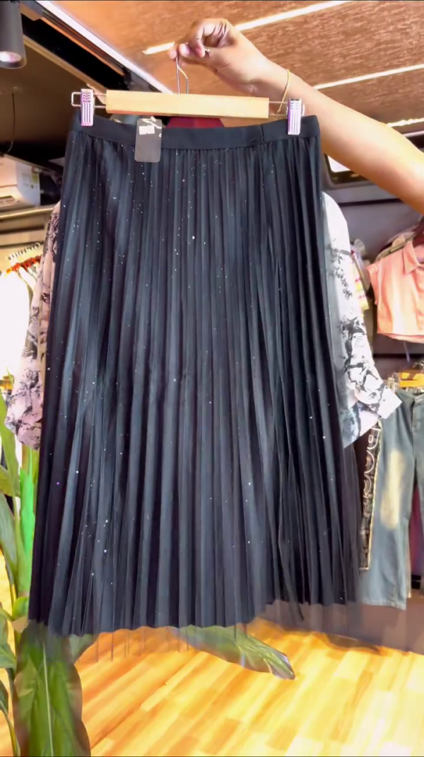 Tropical Print Satin Shirt with Front Knot Paired with Sparkling Black Pleated Mesh Midi Skirt – Stylish Co-Ord Set for Casual to Semi-Formal Outings - Image 2