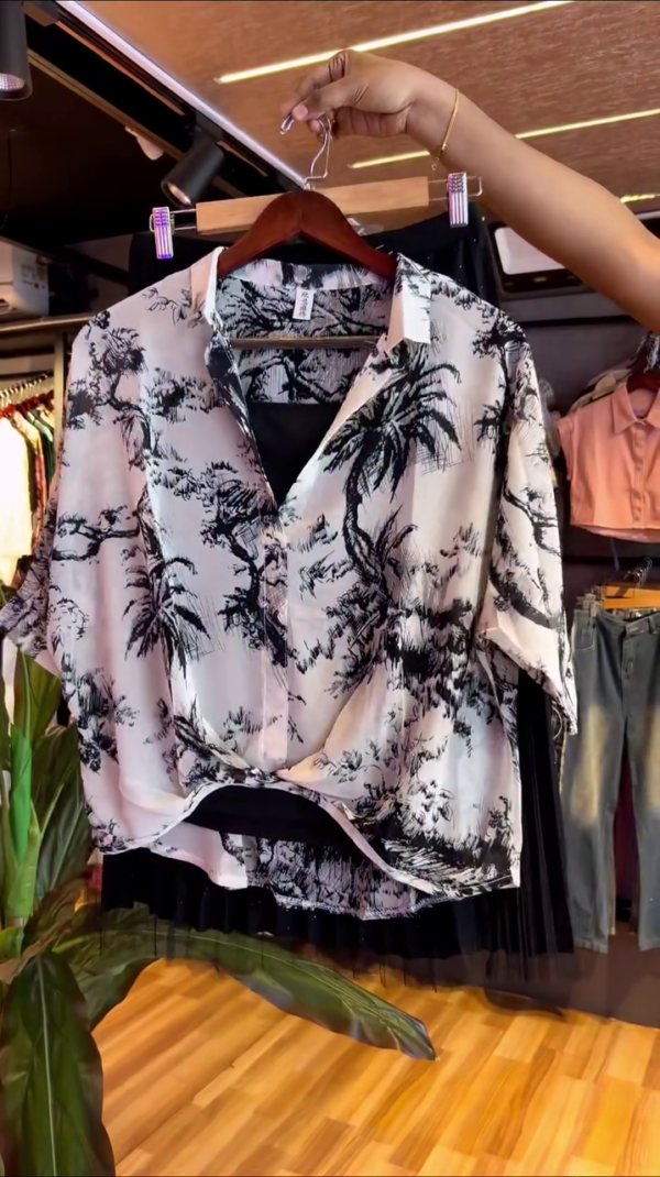 Tropical Print Satin Shirt with Front Knot Paired with Sparkling Black Pleated Mesh Midi Skirt – Stylish Co-Ord Set for Casual to Semi-Formal Outings - Image 3