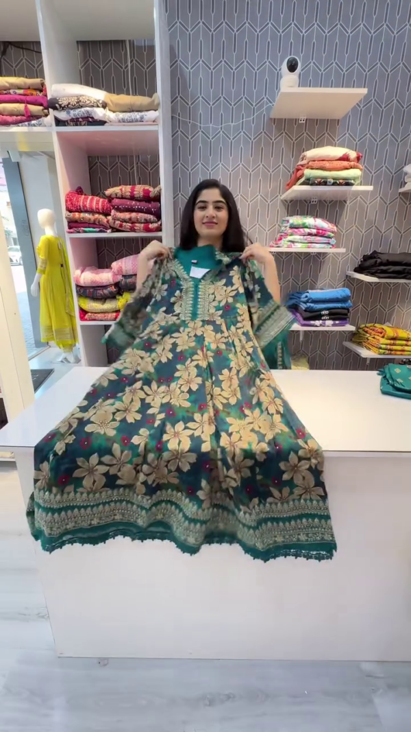 Floral Embroidered Anarkali Suit Set with Rich Dupatta Traditional Full-Length Gown Style in Wine Red and Teal Green Variants, Featuring Intricate Golden Threadwork, Flowing Silhouette, and Coordinated Chiffon Dupatta with Fine Detailing Perfect for Festive and Wedding Occasions - Image 3