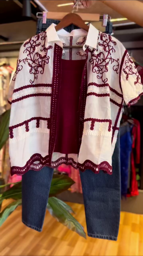 Stylish and Comfortable Casual Wear Three-Piece Girls Set Featuring Embroidered Maroon and White Short-Sleeve Shirt with Matching Maroon Inner Top and Classic Blue Denim Jeans