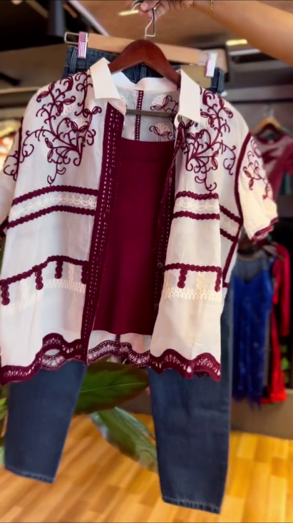 Stylish and Comfortable Casual Wear Three-Piece Girls Set Featuring Embroidered Maroon and White Short-Sleeve Shirt with Matching Maroon Inner Top and Classic Blue Denim Jeans - Image 3