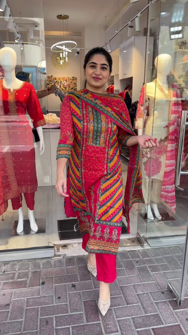 Vibrant Multicolor Traditional Pakistani/Indian Embroidered Lawn Suit with Striped and Floral Patterns, Three-Piece Set Including Kurti, Matching Trousers, and Printed Dupatta Ideal for Festive, Casual, or Semi-Formal Wear - Image 2
