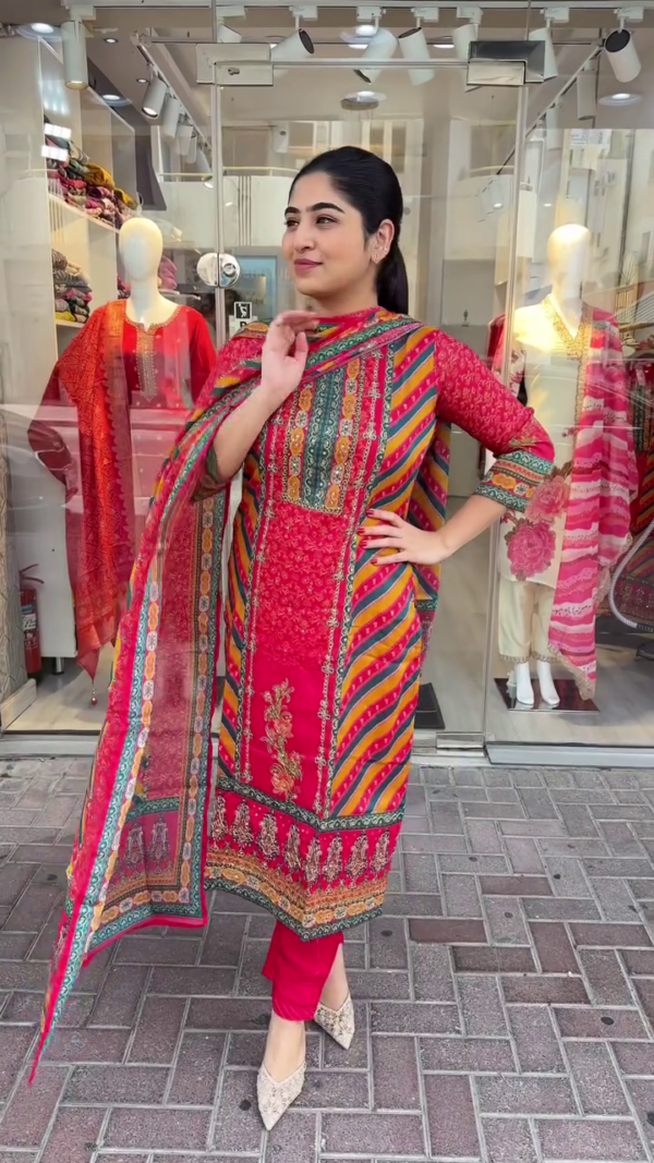 Vibrant Multicolor Traditional Pakistani/Indian Embroidered Lawn Suit with Striped and Floral Patterns, Three-Piece Set Including Kurti, Matching Trousers, and Printed Dupatta Ideal for Festive, Casual, or Semi-Formal Wear