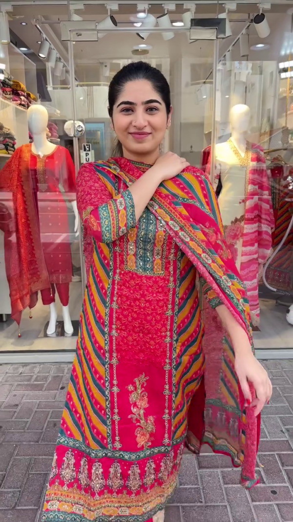 Vibrant Multicolor Traditional Pakistani/Indian Embroidered Lawn Suit with Striped and Floral Patterns, Three-Piece Set Including Kurti, Matching Trousers, and Printed Dupatta Ideal for Festive, Casual, or Semi-Formal Wear - Image 3