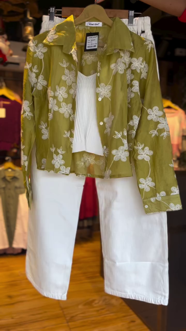 Kiwi Green Sheer Embroidered Floral Shirt with White Inner Top and High-Waisted Straight-Cut Off-White Denim Pants Casual Chic Women's Coordinated Set for Summer or Spring Outings