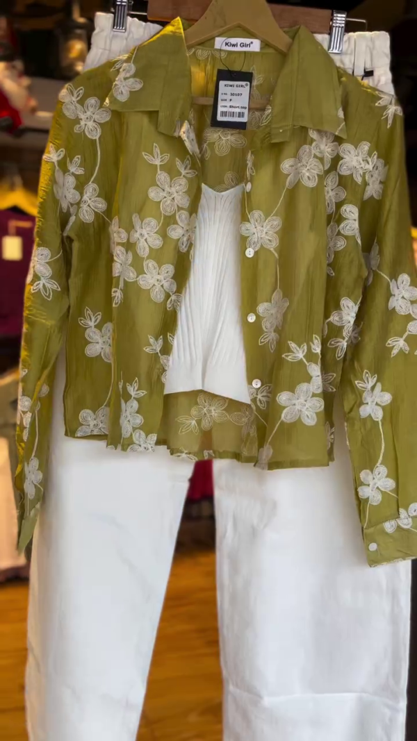 Kiwi Green Sheer Embroidered Floral Shirt with White Inner Top and High-Waisted Straight-Cut Off-White Denim Pants Casual Chic Women's Coordinated Set for Summer or Spring Outings - Image 3