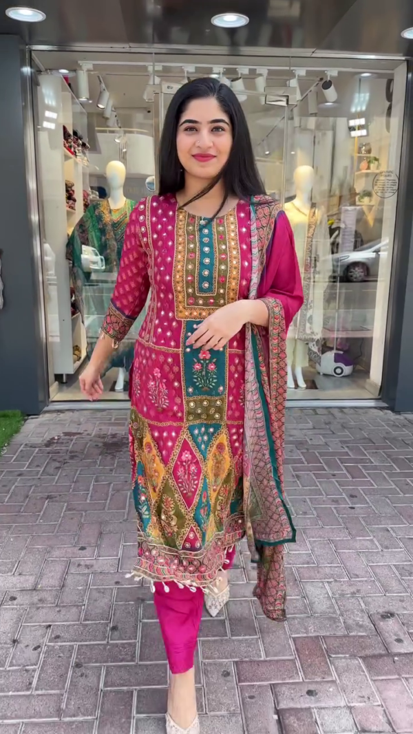 Multicolor Embroidered Traditional Pakistani Lawn Suit for Women – Featuring Vibrant Printed Shirt with Mirror Work, Matching Trousers, and a Beautifully Designed Dupatta Perfect for Festive and Casual Wear