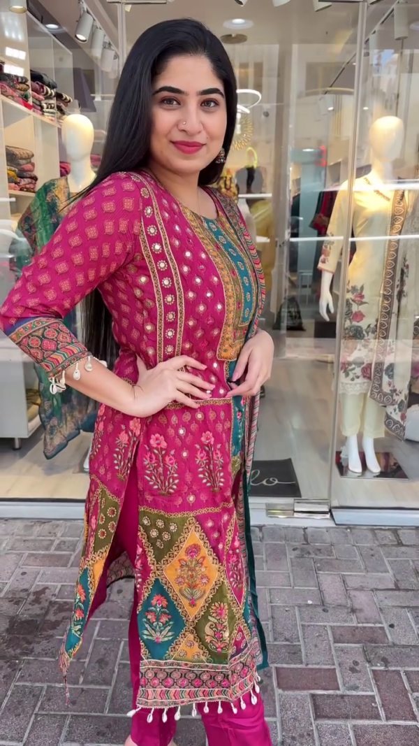 Multicolor Embroidered Traditional Pakistani Lawn Suit for Women – Featuring Vibrant Printed Shirt with Mirror Work, Matching Trousers, and a Beautifully Designed Dupatta Perfect for Festive and Casual Wear - Image 2
