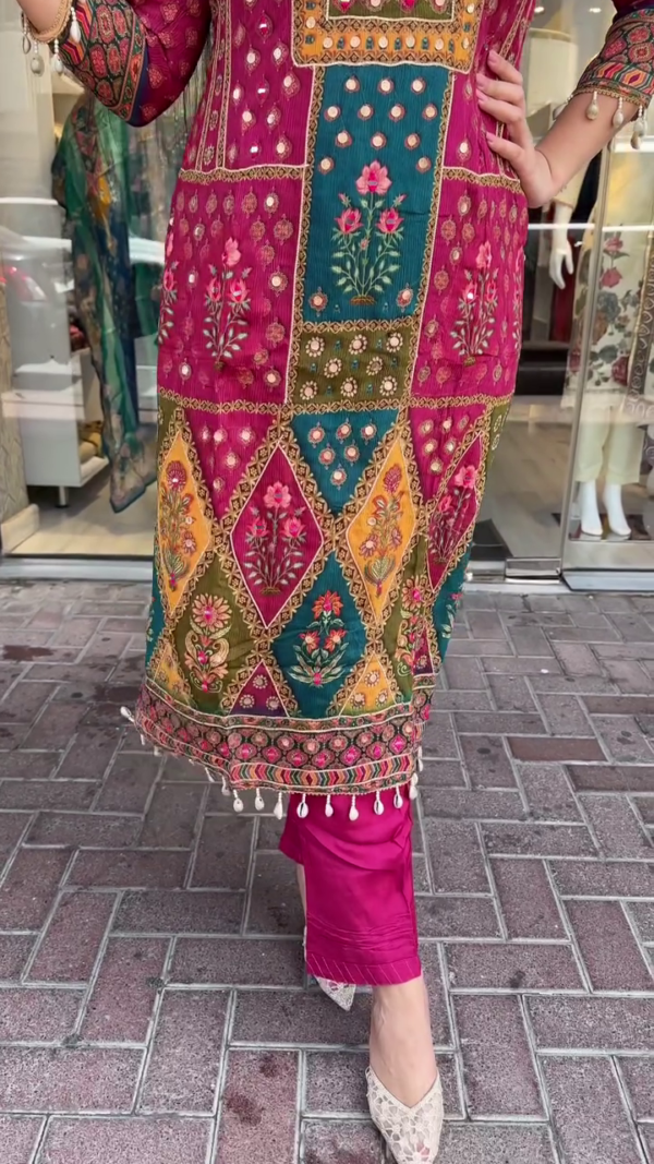 Multicolor Embroidered Traditional Pakistani Lawn Suit for Women – Featuring Vibrant Printed Shirt with Mirror Work, Matching Trousers, and a Beautifully Designed Dupatta Perfect for Festive and Casual Wear - Image 3