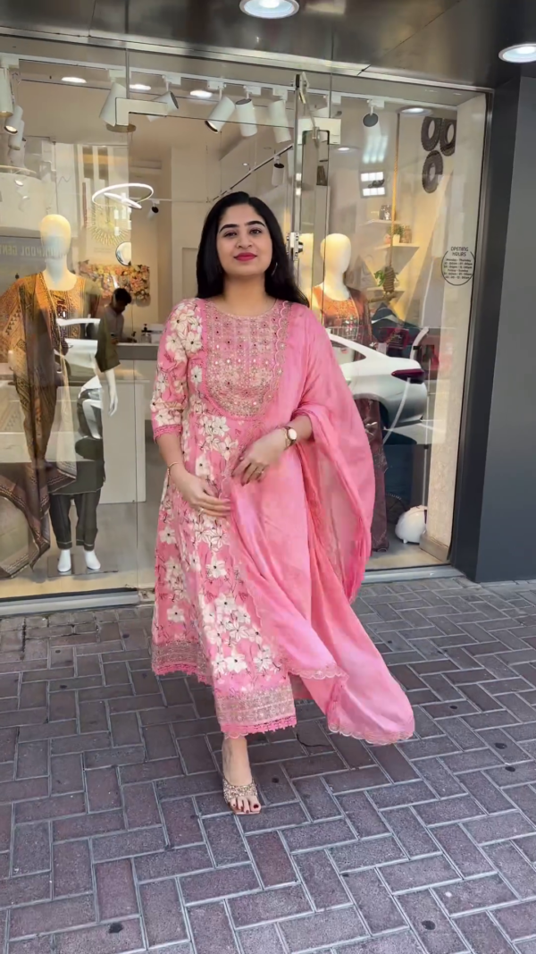 Elegant Floral Embroidered Anarkali Suit Set with Intricate Handwork, Matching Dupatta, and Embellished Hem Available in Soft Pink, Turquoise Blue, and Mustard Yellow Color Options Perfect for Festive Occasions, Weddings, and Traditional Celebrations