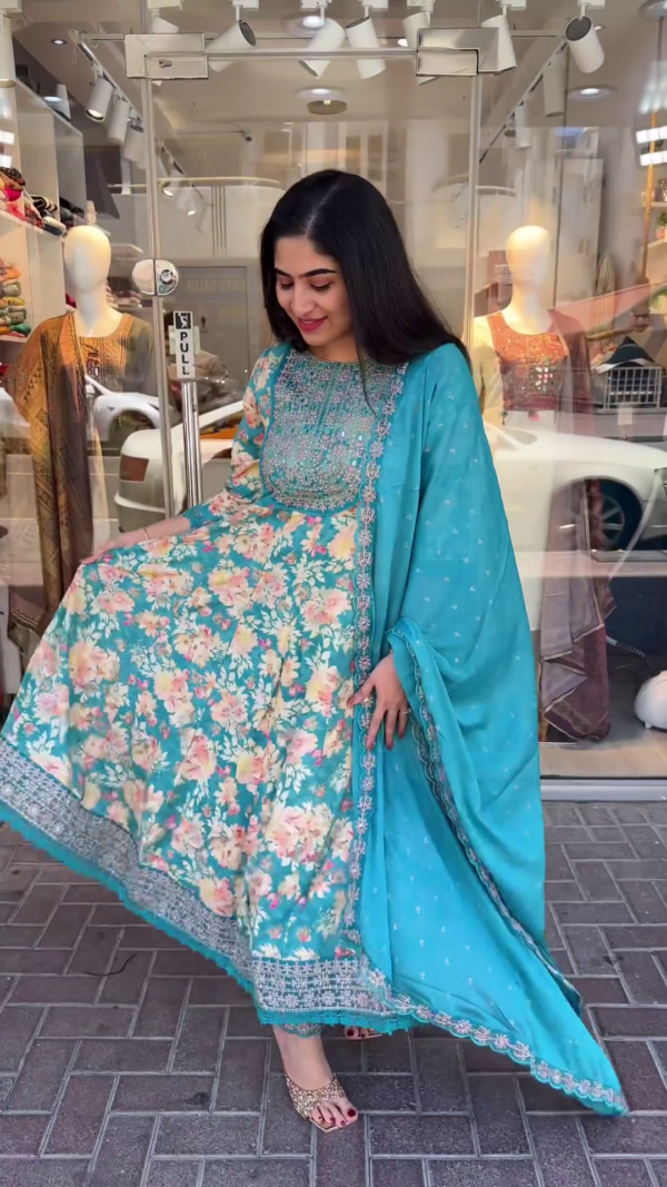 Elegant Floral Embroidered Anarkali Suit Set with Intricate Handwork, Matching Dupatta, and Embellished Hem Available in Soft Pink, Turquoise Blue, and Mustard Yellow Color Options Perfect for Festive Occasions, Weddings, and Traditional Celebrations - Image 2