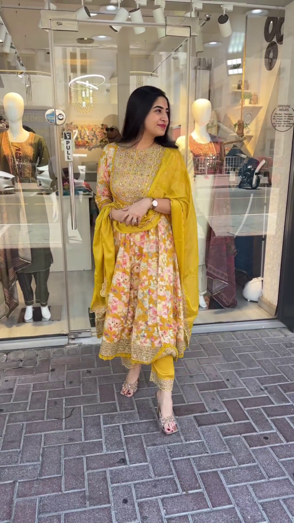 Elegant Floral Embroidered Anarkali Suit Set with Intricate Handwork, Matching Dupatta, and Embellished Hem Available in Soft Pink, Turquoise Blue, and Mustard Yellow Color Options Perfect for Festive Occasions, Weddings, and Traditional Celebrations - Image 3