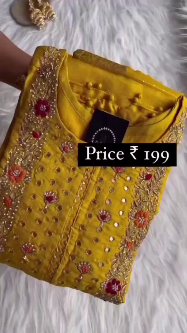 Beautiful Mustard Yellow Ethnic Wear Kurti with Intricate Mirror Work, Floral Embroidery, and Elegant Neck Detailing Perfect for Festive Occasions and Traditional Gatherings