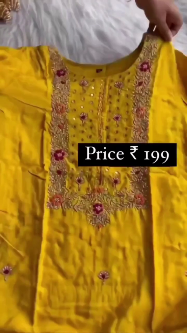 Beautiful Mustard Yellow Ethnic Wear Kurti with Intricate Mirror Work, Floral Embroidery, and Elegant Neck Detailing Perfect for Festive Occasions and Traditional Gatherings - Image 2
