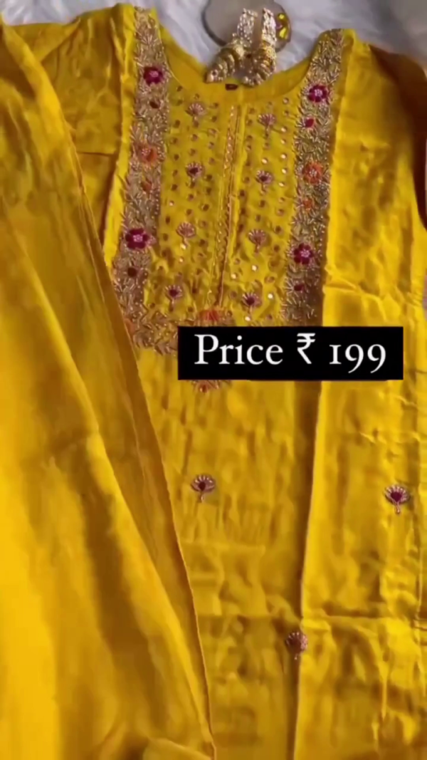 Beautiful Mustard Yellow Ethnic Wear Kurti with Intricate Mirror Work, Floral Embroidery, and Elegant Neck Detailing Perfect for Festive Occasions and Traditional Gatherings - Image 3