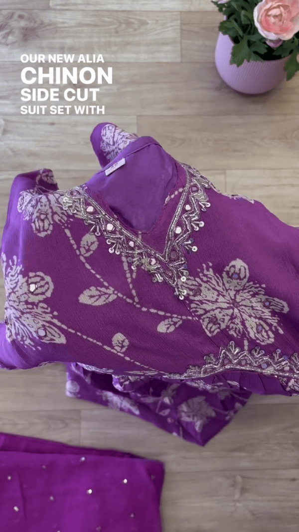 Floral Printed Empire Sequinned Anarkali Kurta With Trousers & Dupatta - Image 3