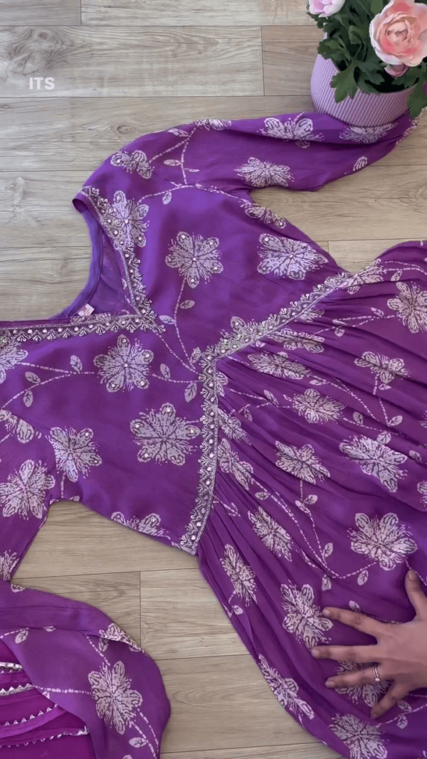 Floral Printed Empire Sequinned Anarkali Kurta With Trousers & Dupatta