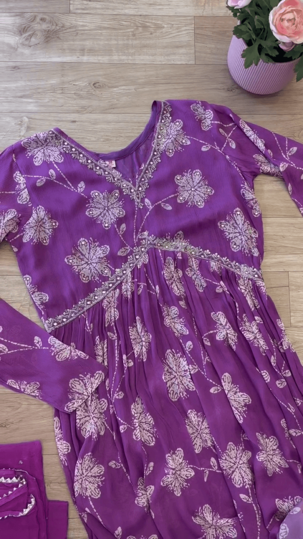 Floral Printed Empire Sequinned Anarkali Kurta With Trousers & Dupatta - Image 2