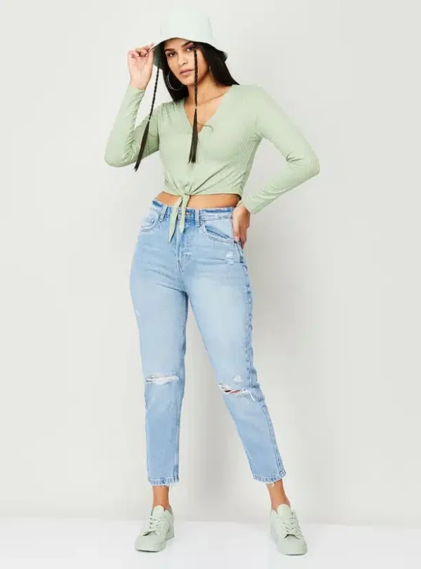 Women Stonewashed Full-Length Tapered Fit Jeans - Image 3