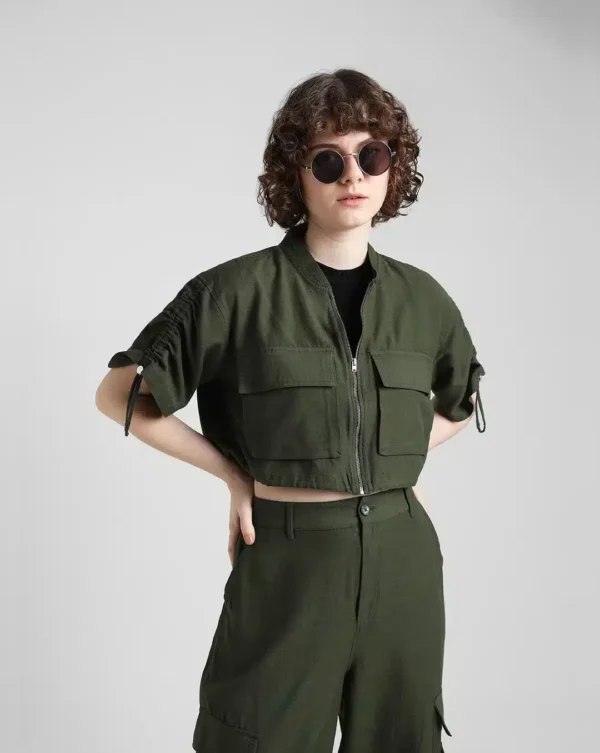 Dark Green Cropped Utility Shirt - Image 2