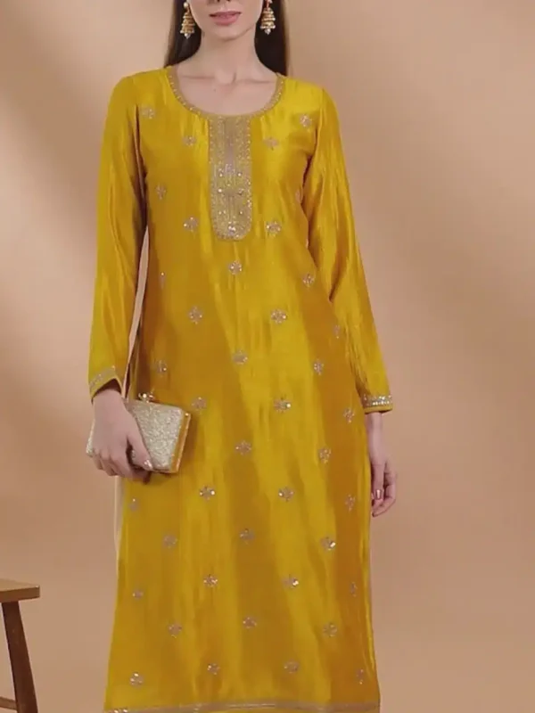 Yellow Embellished Silk Kurta - Image 2