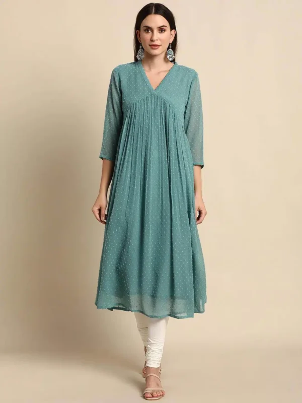 Green Poly Chiffon Self Design Flared Kurta - Image 2