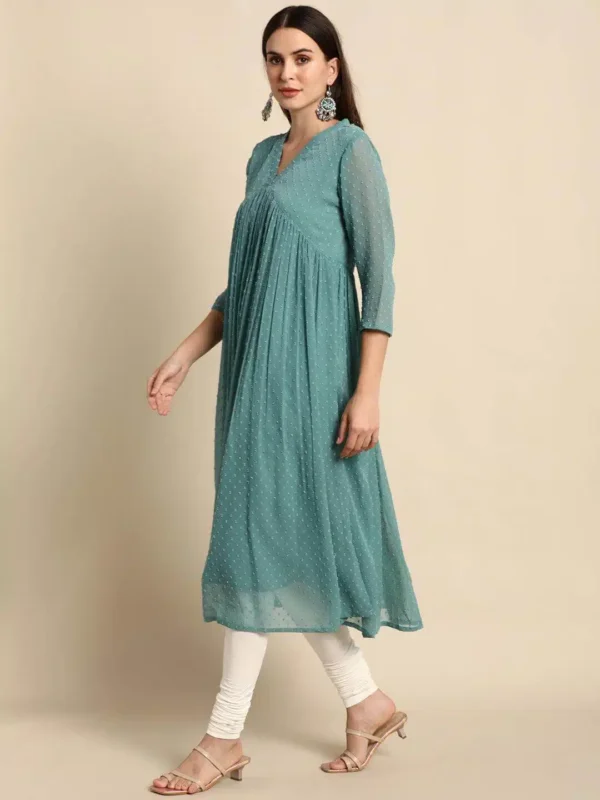 Green Poly Chiffon Self Design Flared Kurta - Image 3