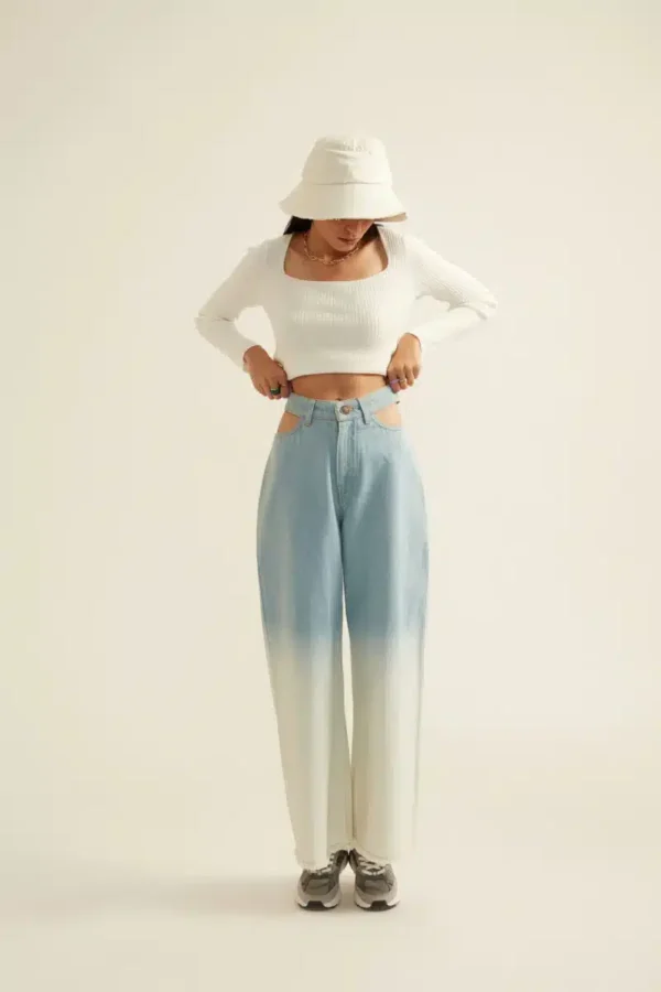 Blue White Ombre Denim Jeans with Pocket Cut-outs