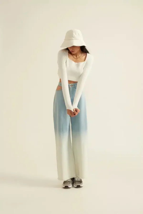 Blue White Ombre Denim Jeans with Pocket Cut-outs - Image 2