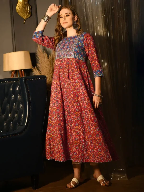 Red Floral Printed Fit & Flare Anarkali Kurti