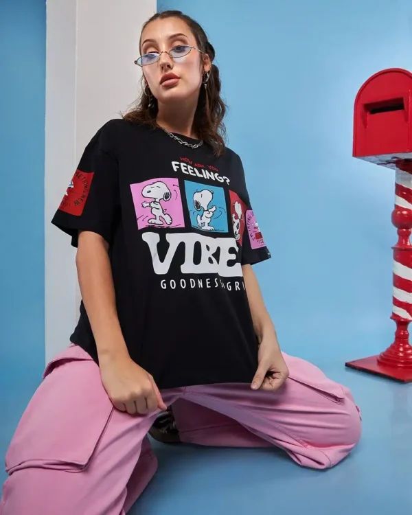 Women’s Black Snoopy Vibes Graphic Printed Oversized T-shirt - Image 2