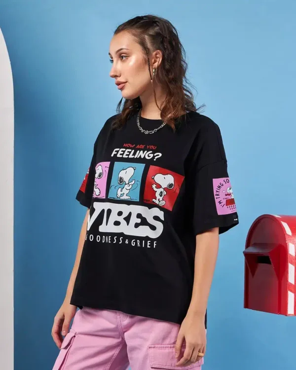 Women’s Black Snoopy Vibes Graphic Printed Oversized T-shirt