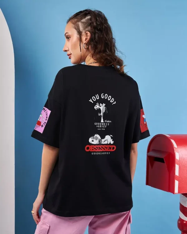 Women’s Black Snoopy Vibes Graphic Printed Oversized T-shirt - Image 3