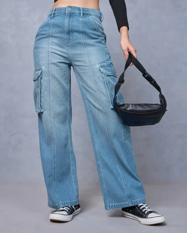 Women’s Blue Washed Straight Fit Cargo Jeans - Image 3