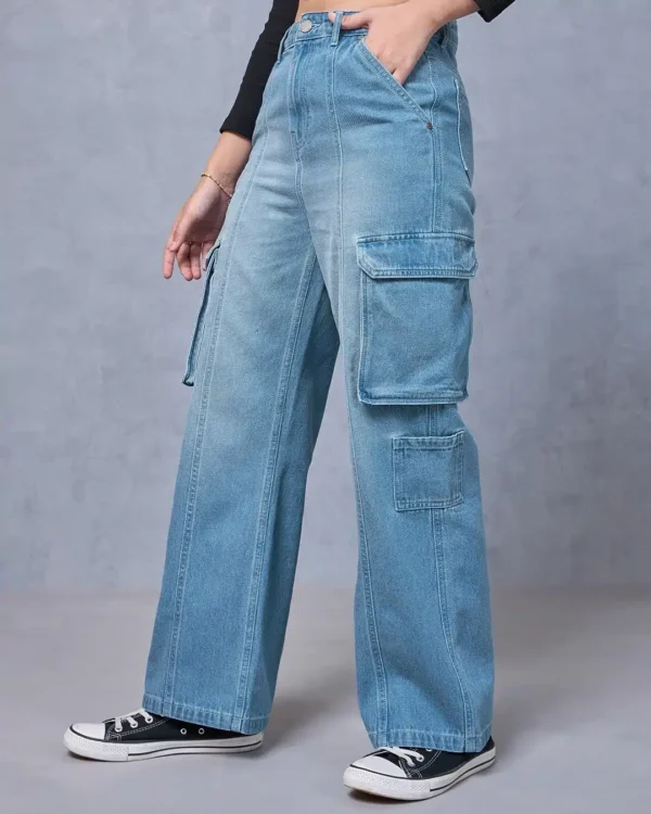 Women’s Blue Washed Straight Fit Cargo Jeans - Image 2