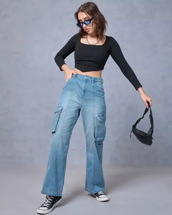 Women’s Blue Washed Straight Fit Cargo Jeans